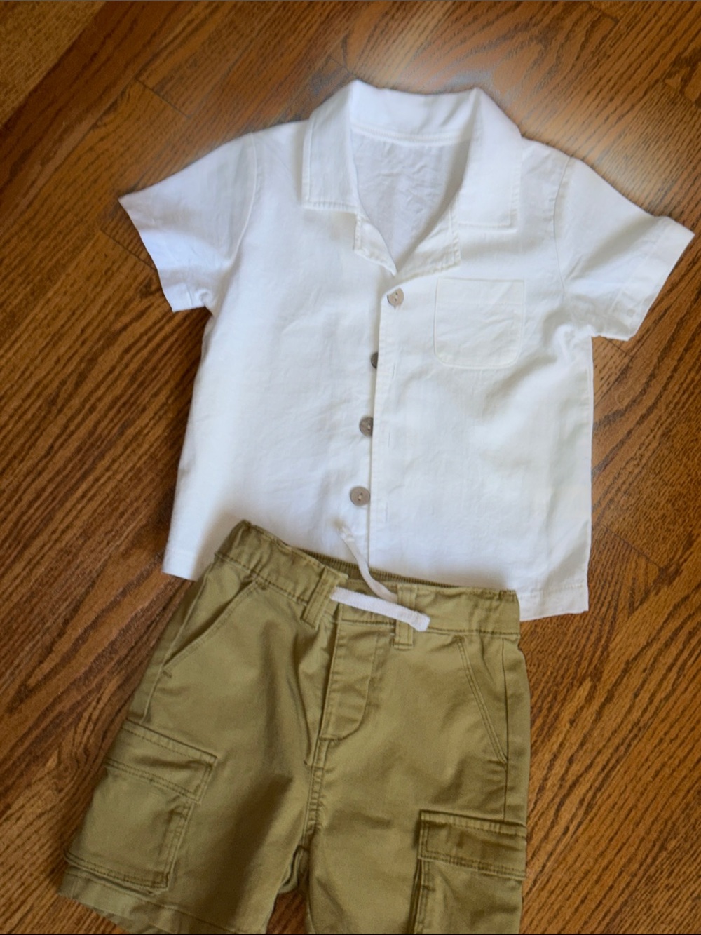 White Short-Sleeve Button Down Shirt with Cargo Shorts